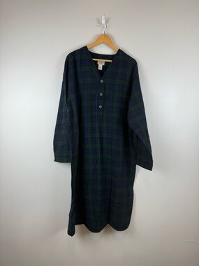 LL Bean Men's Size Large Vintage Plaid Flannel Nightshirt Green Black Watch